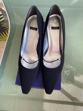 Stuart Weitzman Black Pointed Toe Kitten Heel Pumps with Strap Accent